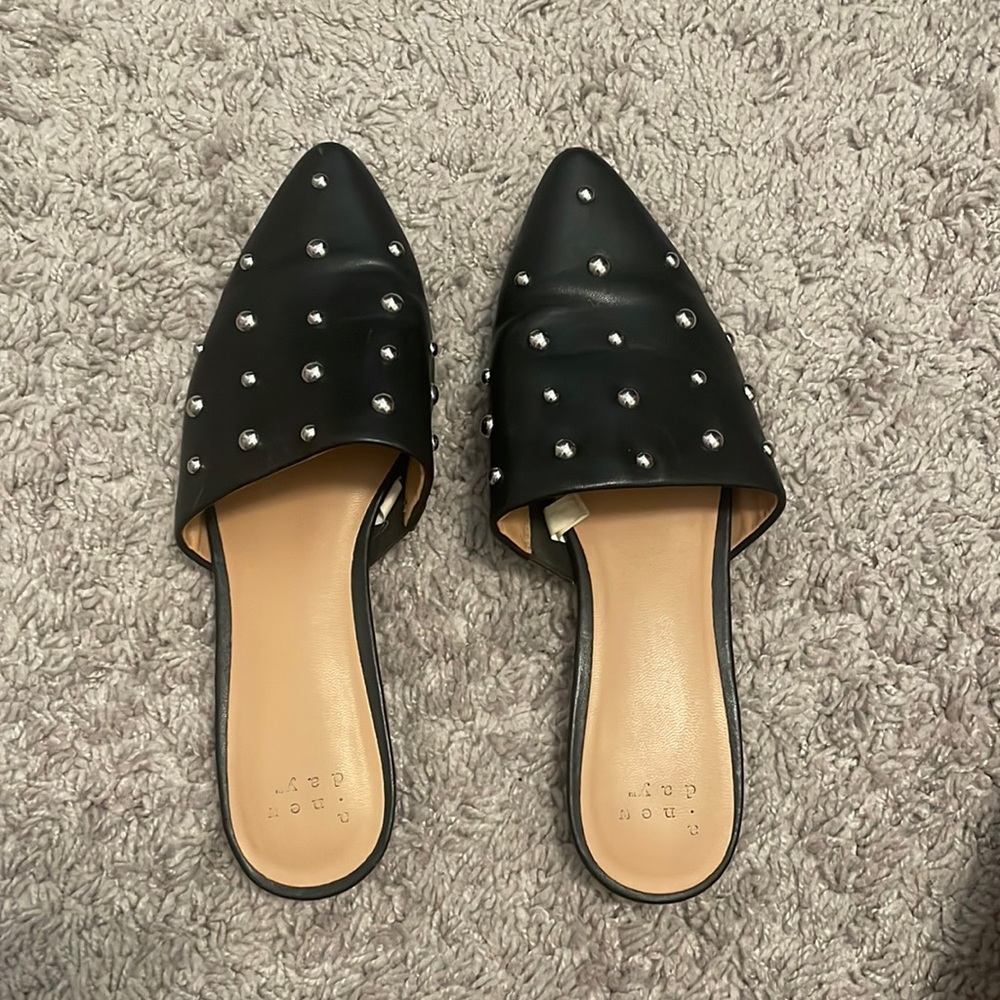 Black and silver mules